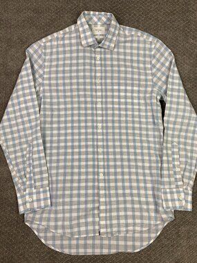 Billy Reid Button Down Linen Shirt Men's Small Blue Gray White Cotton Up Plaid